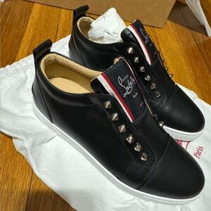 Christian Louboutin Black Leather Slip-On Sneakers with Stud Detail SIZE 37